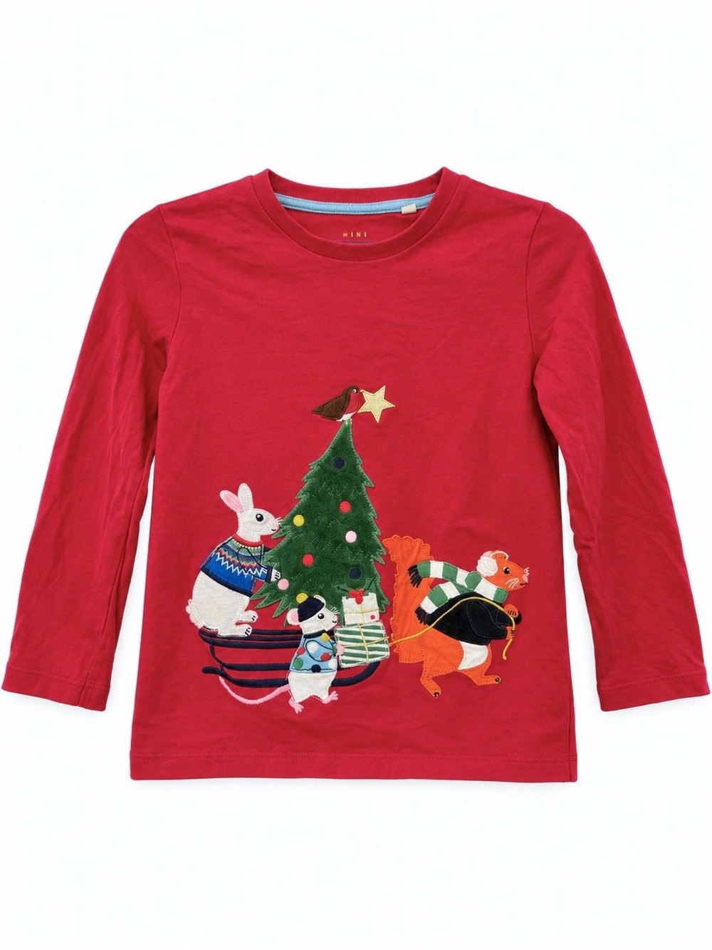 Mini Boden Christmas Animal Appliqué Long Sleeve Shirt Size 6-7Y